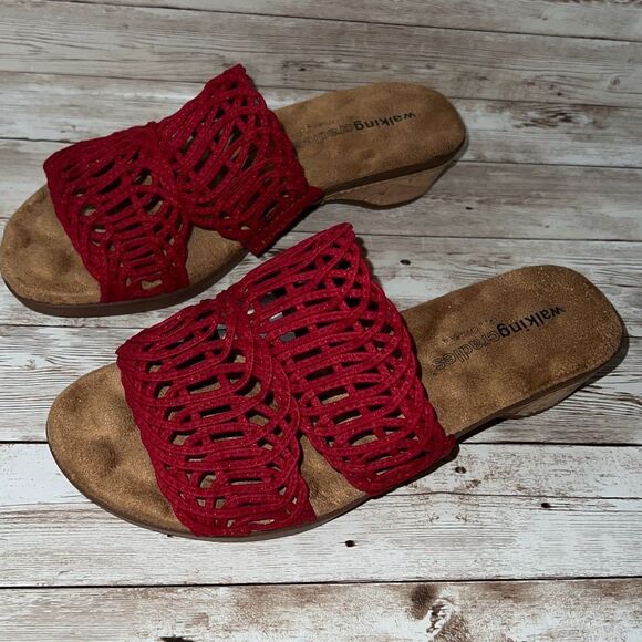 WALKING CRADLES Red Kudos Cork Wedge Heel Sandals Size 6WW Tiny Pillows Insoles - Picture 2 of 16